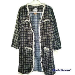 Long Boho Jacket Womens Size Medium Button Up Fringe Accent